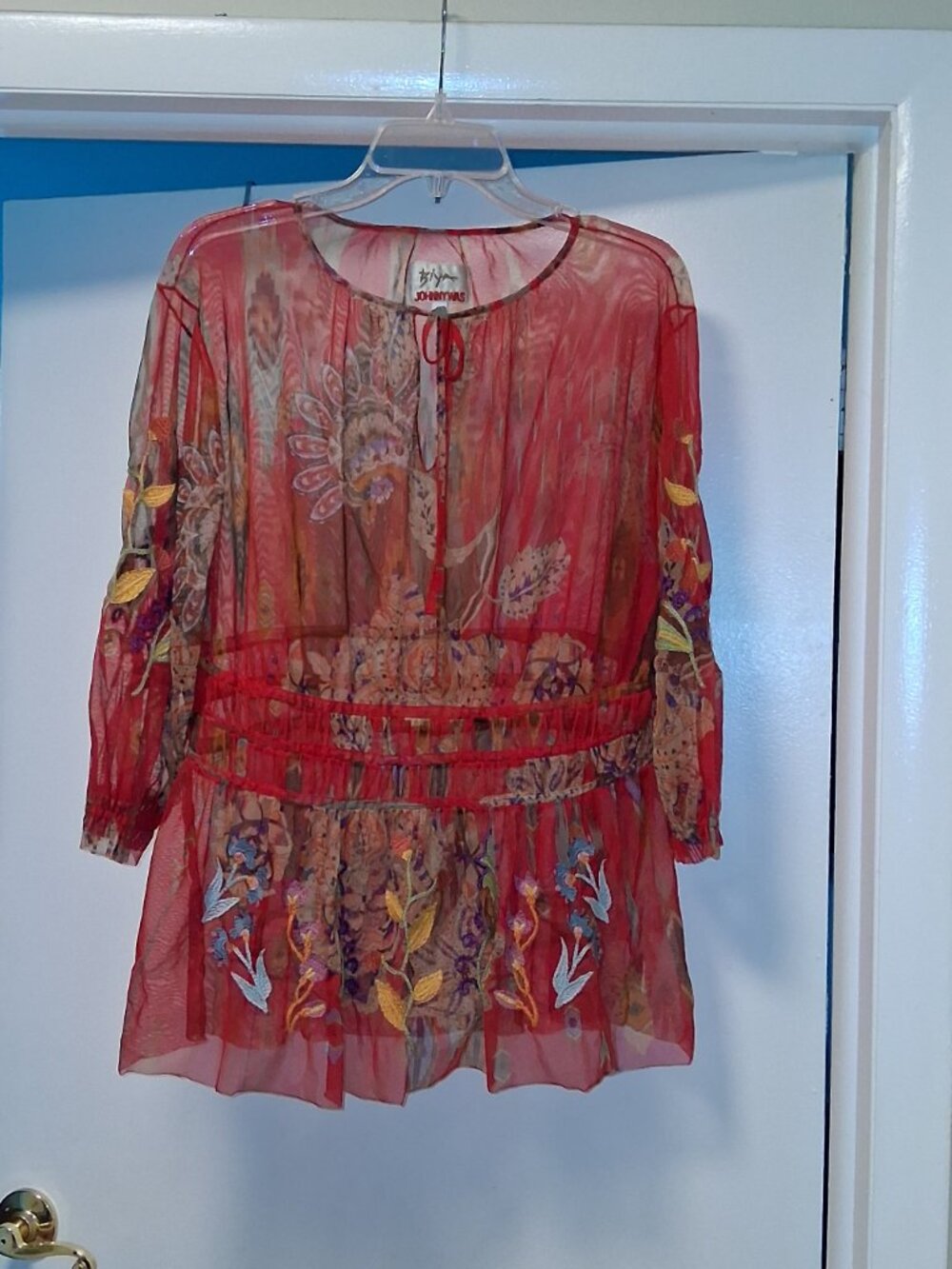 Johnny Was Biya Feather Lark Mesh Blouse Rose Pink Floral Embroidered sz M